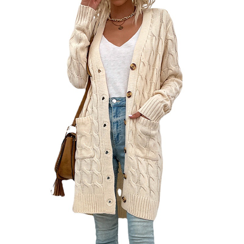 Suéter de punto largo estilo lluvia fina europeo y americano para mujer, otoño/invierno 2025, cárdigan nuevo con botones, ideal para comercio exterior, disponible en Amazon.