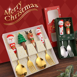 Christmas tableware set, large decorative spoon and fork, silver or titanium gold, 18 cm