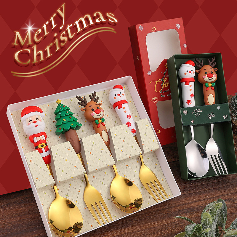 クロスボーダークリスマススプーンとフォーク食器セットヘラジカクリスマスツリーサンタクロース大型ゴールデンスプーンクリスマス食器|undefined