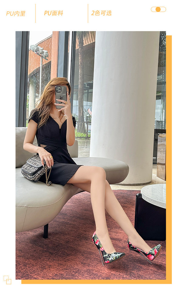 Giày cao gót mũi nhọn gót thanh mảnh họa tiết hoa, phong cách gợi cảm — Màu trắng, Màu đen chi tiết 2