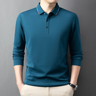 Brand Mulberry Silk Long-Sleeve T-Shirt Spring Turn-Down Collar Wrinkle-Free Business Casual Pullover Middle-Aged Men's T-Shirt Business Gentleman
