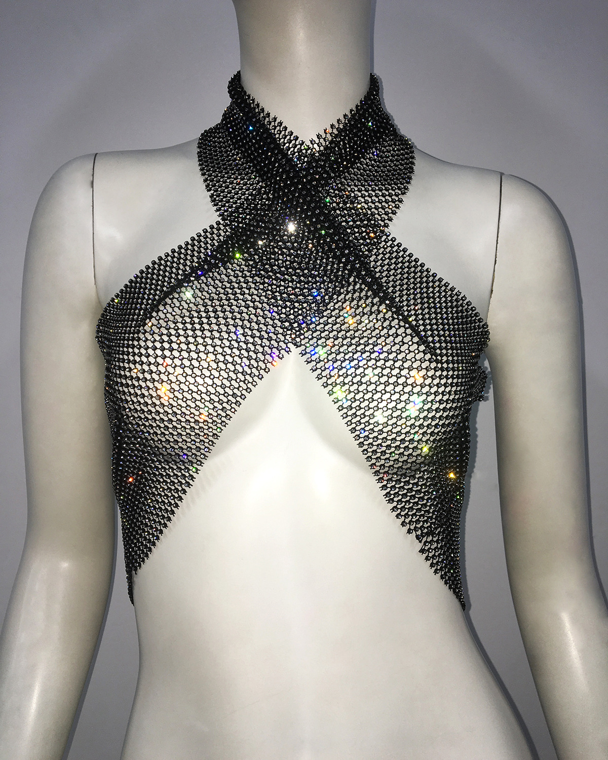 European And American Hot Girl Suspenders Women's Clothing Fishnet Rhinestone Top Sweet And Sexy Cross Vest