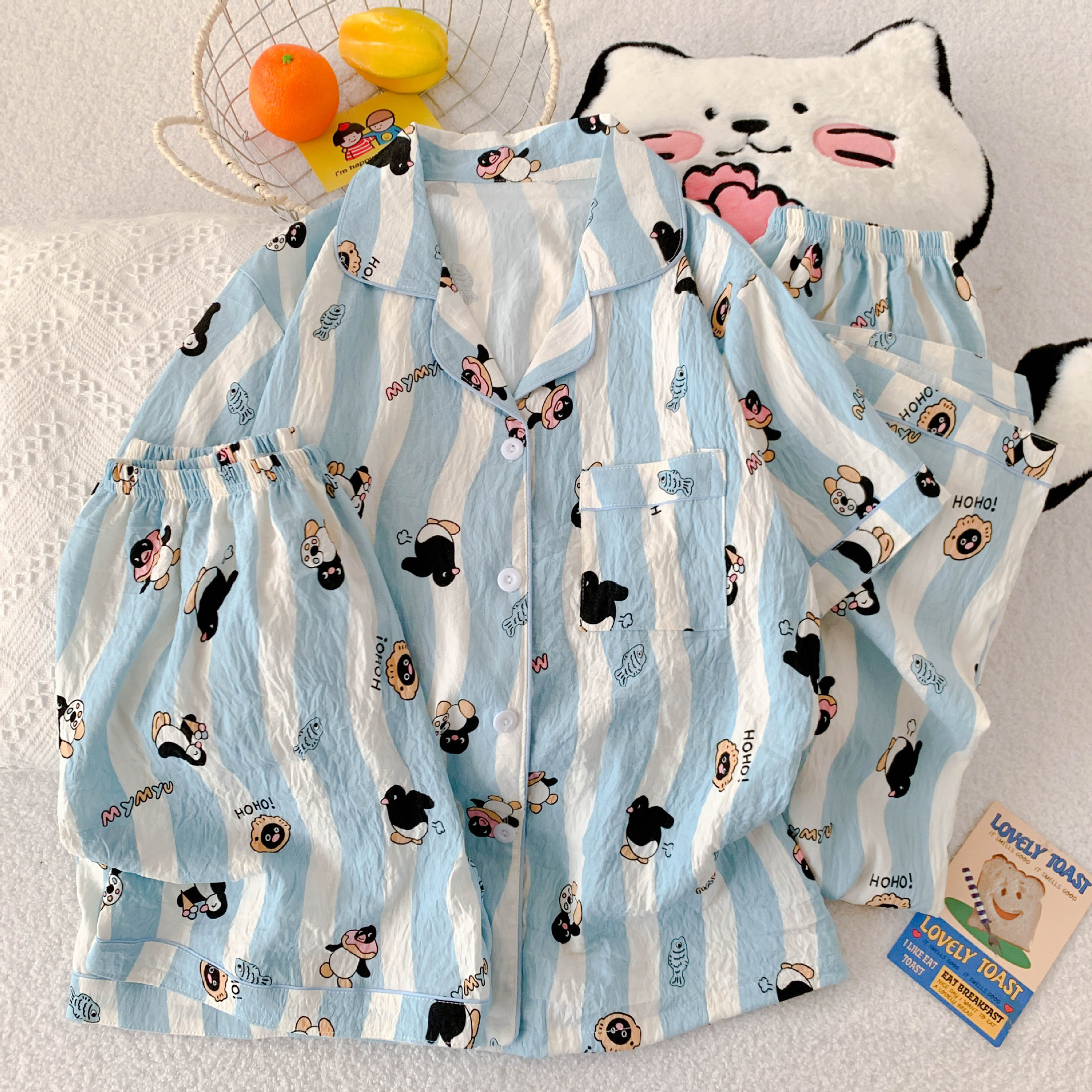 Vietnam transfronterizo al por mayor pantalones cortos de manga corta de verano pijamas de tres piezas mujeres lindas y cómodas servicio a domicilio de algodón en la nube