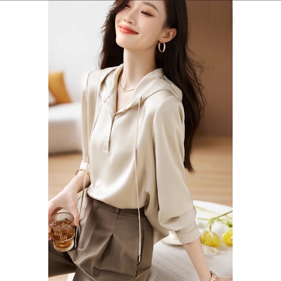 Casual High-End Satin Shirt for Women, New Autumn 25 Style, Simple and Versatile, Silk-Like Solid Color, Breathable Hooded Shirt