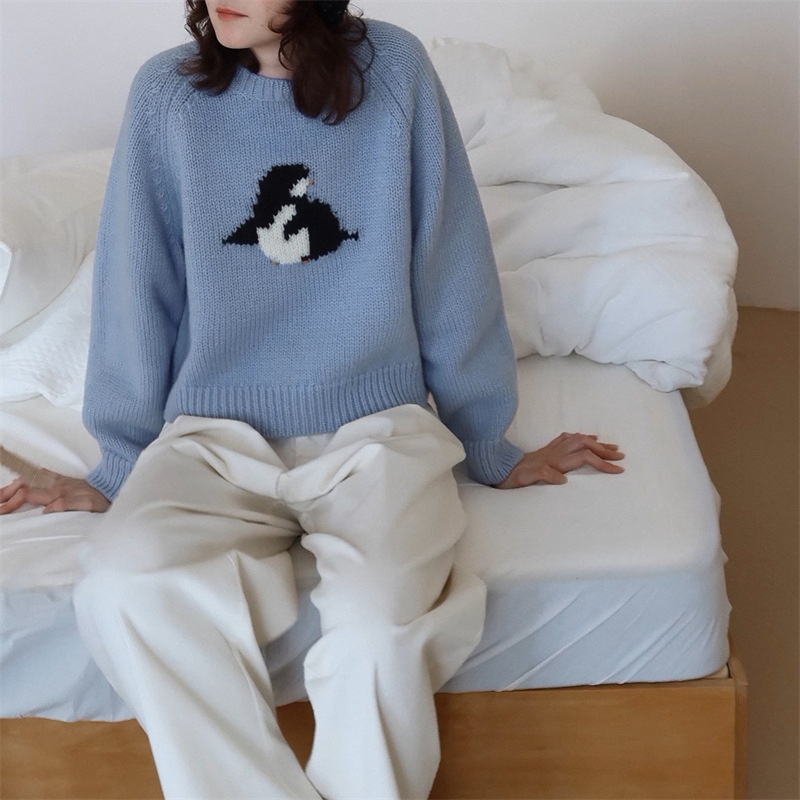 Lazy Style Jacquard Cartoon Penguin Pullover Knitwear for Women in Autumn and Winter Loose Outer Wear Gentle Age-Reducing Knitwear Top