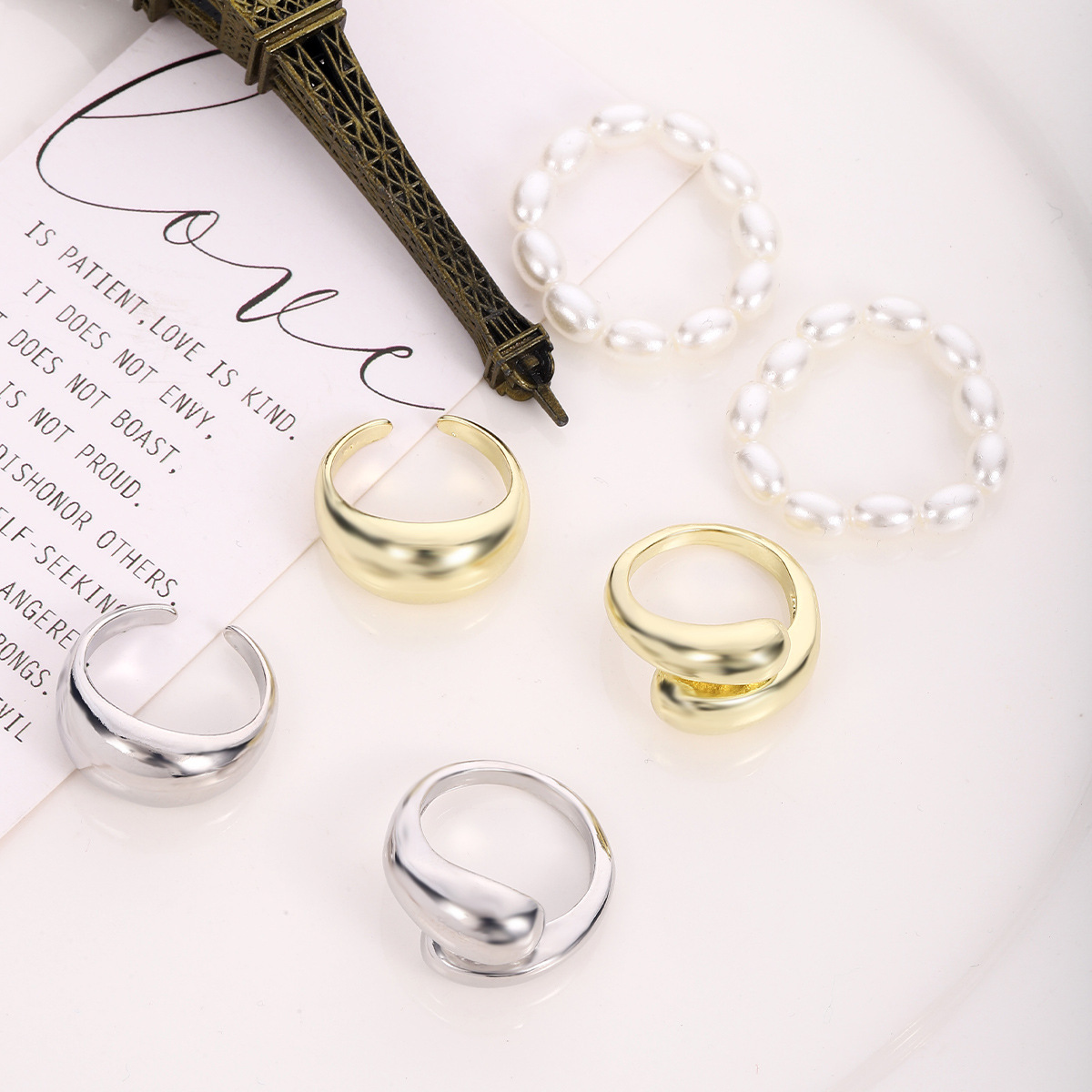 Simple Style Geometric Alloy Plating Artificial Pearls Womenu0027S Open Ring 3 Pieces