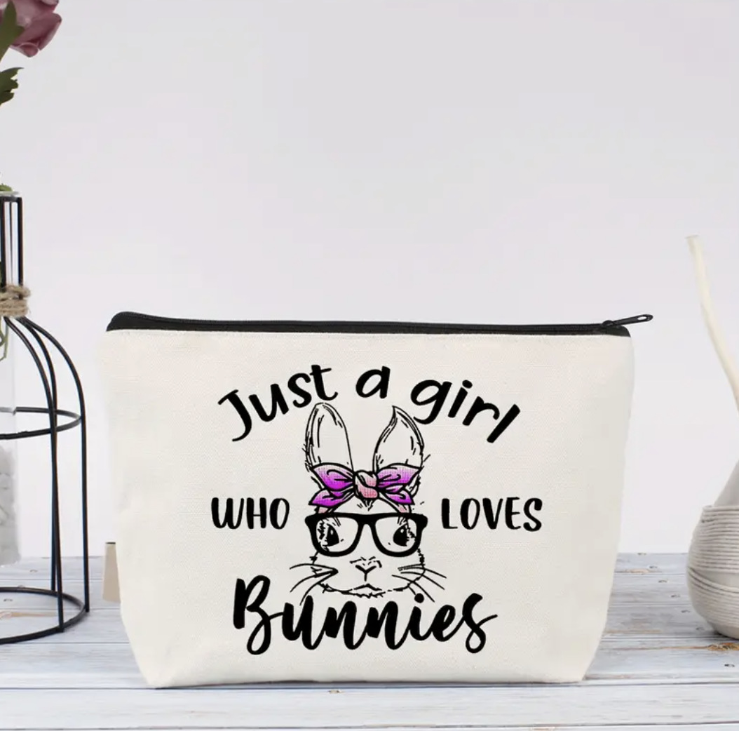 Transfronterizo Amazon temu bolsa de cosméticos de conejo impresión de doble cara en inglés de dibujos animados bolsa de lavado de viaje algodón y lino de gran capacidad