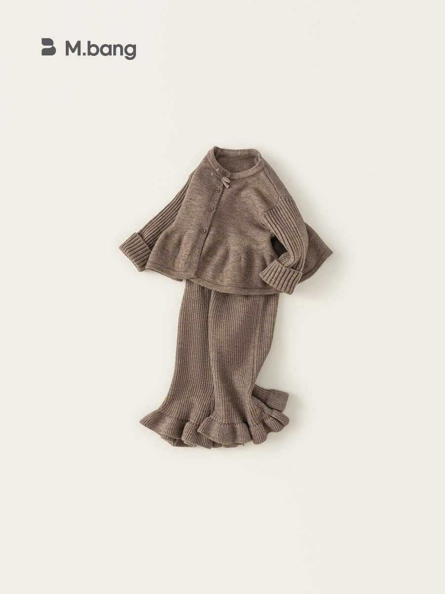 Yubao ropa infantil para niñas primavera y otoño dulce arco jersey cardigan pantalones de lana de cuerno dos piezas