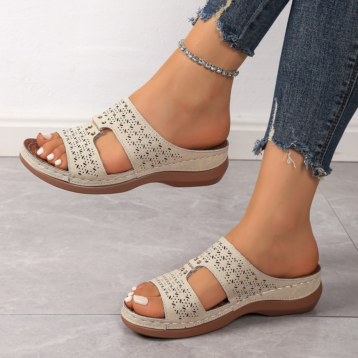 Sandalias de cuña wish amazon para mujer 2025 verano nuevo estilo comercio exterior gran tamaño casual una palabra sandalias romanas huecas