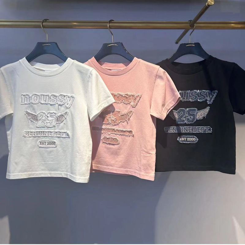 Japanese m Brand 2025 Summer New Patchwork Embroidered Three-Dimensional Raw Edge Short-Sleeve T-Shirt for Women 010Isl90-3381