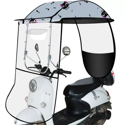 Elektromobil üçün ön şüşə çətiri (günlük): small canopy, motorcycle umbrella - stainless-steel-reinforced-edge-model-rain-curtain-gray-cat-with-rearview-mirrordirect-installation