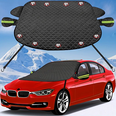 Car snow shield thickened front windshield snow cover antifreeze black five-layer cotton magnetic snow shield with windproof hook