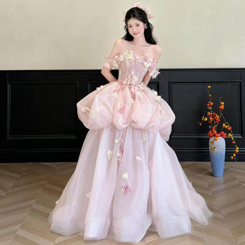 High-End Strapless Evening Gown, Light Luxury Niche Floral Pink Robe, Female Bride's Toast Dress, Birthday Adult Ceremony, Super Fairy-Like