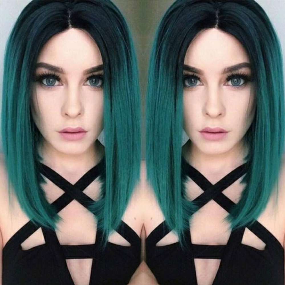 欧美女bob头女短头套染色渐变墨绿色仿真头皮中分cosplay假发