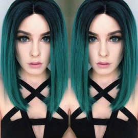 欧美女bob头女短头套染色渐变墨绿色仿真头皮中分cosplay假发