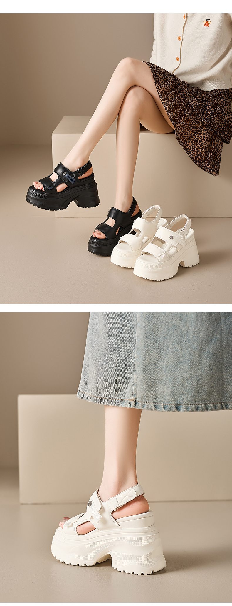 Sandal nữ đế xuồng cao gót 12 cm mũi hở phong cách La Mã — màu đen, màu trắng ngà chi tiết 4