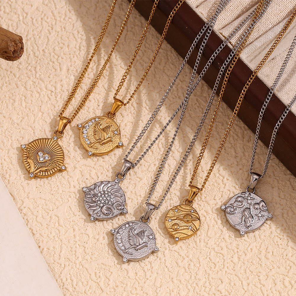 Zircon Inlaid Tarot Stainless Steel Pendant Necklace