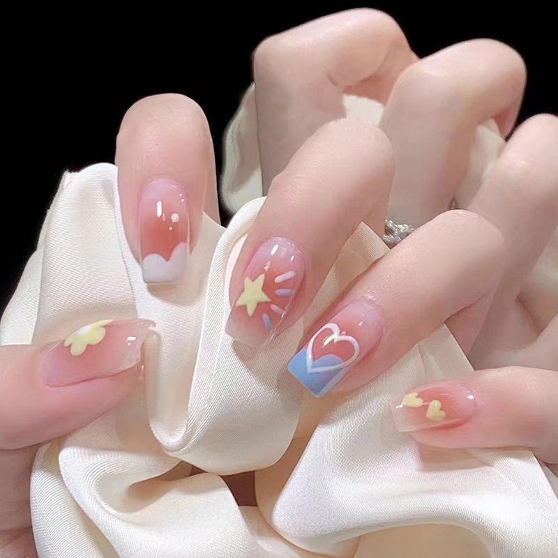 New cute elements show hand white wear armour long flowers Love stars sweet cool fake nail patch wholesale