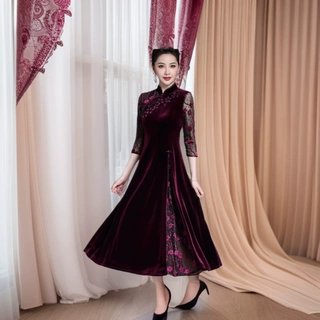 国风复古旗袍妈妈装 手绘碎花钉珠印花连衣裙修身显瘦中老年女装