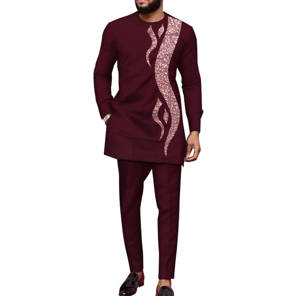 Bazin Riche African Men's Clothing 2-Piece Set: Long-Sleeved Shirt and Trousers, Sequined Business Suit
