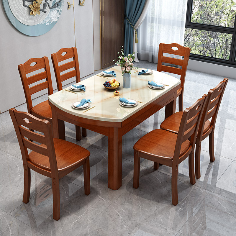 大理石实木餐桌椅组合现代简约家用吃饭桌子小户型可伸缩6/10人桌