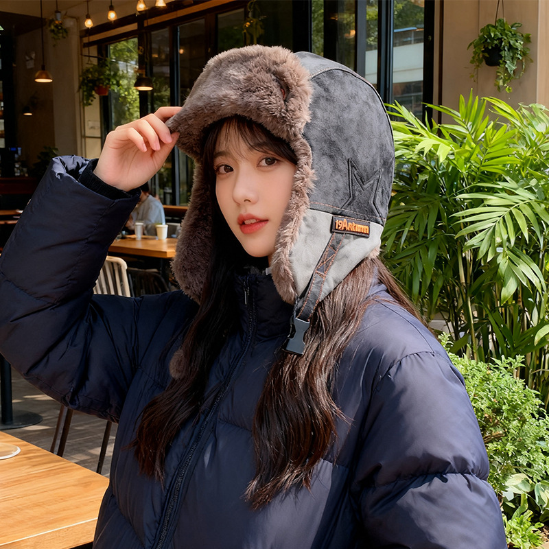 Japanese Retro Lei Feng Hat Unisex Winter Fleece Thickened Warm Earflap Hat Windproof Skiing Plush Hat