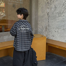 泰如2025冬季新款儿童设计感慵懒风格子衬衫男童加绒休闲开衫外套