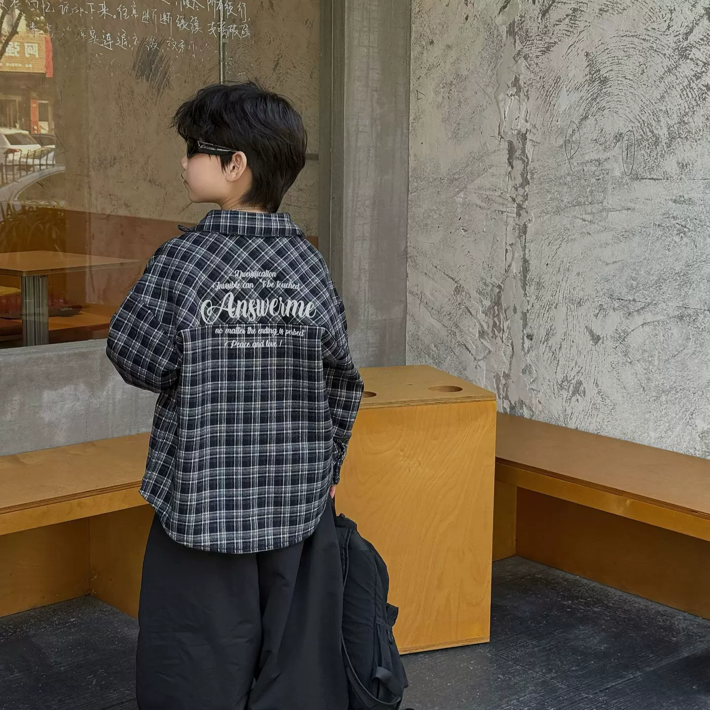 泰如2025冬季新款儿童设计感慵懒风格子衬衫男童加绒休闲开衫外套