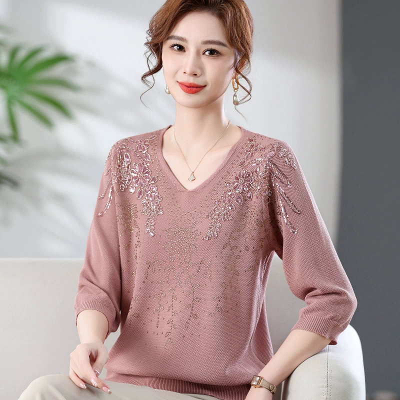 Элегантный женский трикотажный свитер Mom's 2025 года, новинка, с рукавом три четверти, тонкий, с V-образным вырезом, стильный, больших размеров