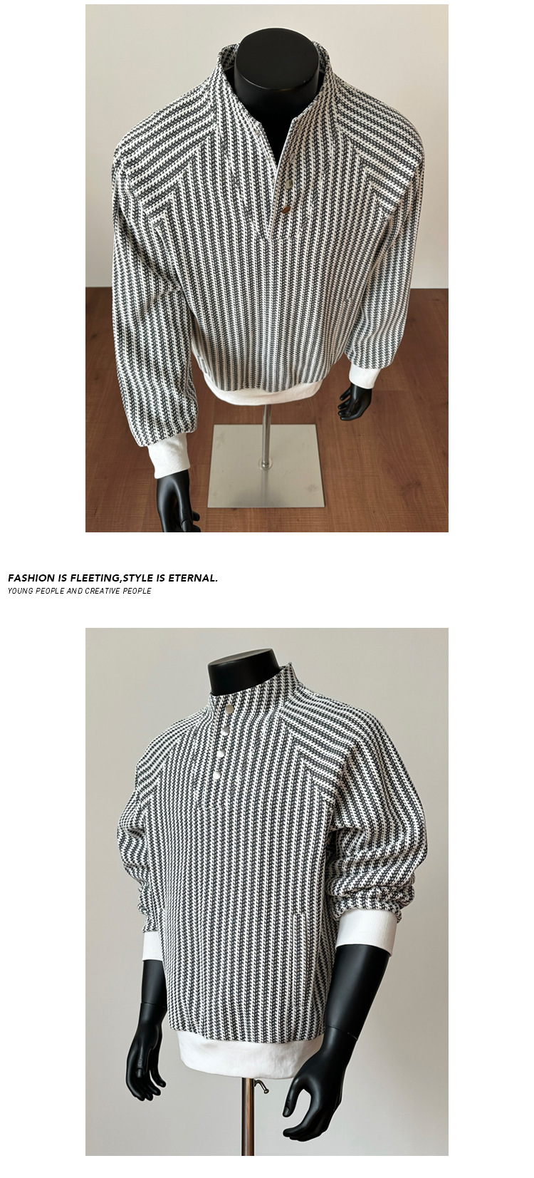 Fishbone Stripe Colour-blocked Sweatshirt Henley Collar Unisex_voghion.com