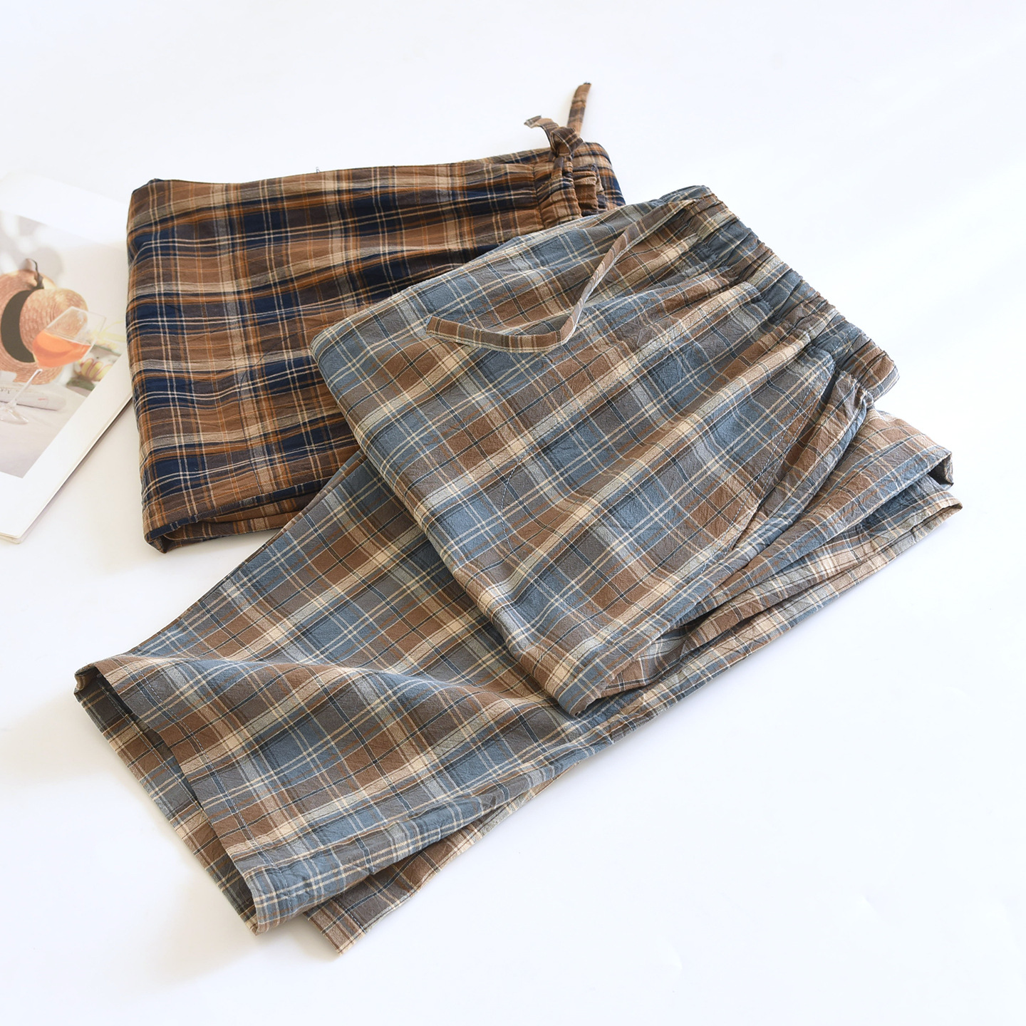 春夏秋情侣长裤格子松紧腰休闲百搭大码男女士家居裤宽松显瘦休闲