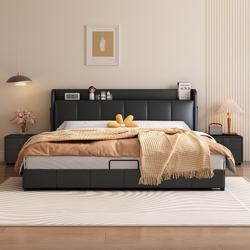 Italian light luxury leather bed, modern and simple master bedroom bed, small apartment wedding bed, Nordic storage minimalist leather bed
