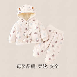 婴儿幼童分体套装秋冬夹棉衣服56789个月宝宝加绒棉服裤子两件套