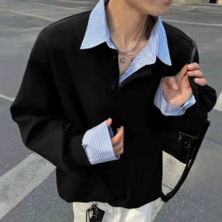 假两件衬衫领卫衣男款秋季潮牌宽松高级感重磅长袖T恤休闲上衣服.