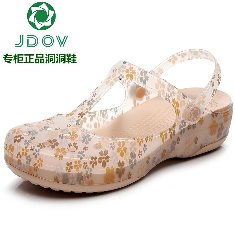 JDOV Printed Hole Shoes Women's Summer Wedge Thick-soled Student Beach Shoes Soft-soled Non-slip Sandals for Outer Wear