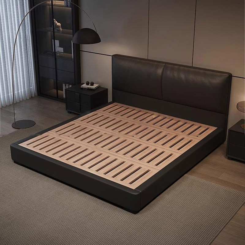 2023 Nueva cama de cuero genuino Cama doble minimalista italiana Cama de cuero negro minimalista moderna Cama de dormitorio principal Cama de boda de 1,8 m