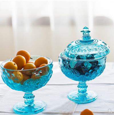 Retro European-Style Colored Embossed Glass Cup with High Stem and Lid, Sugar Bowl, Red Wine Glass, Ice Cream Bowl, Fruit Salad Bowl