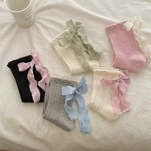 Pure Color Spring New Socks Sweet Lolita Stacked Socks Korean Style Heel Ribbon Butterfly Knot Mid Calf Socks for Girls and Boys