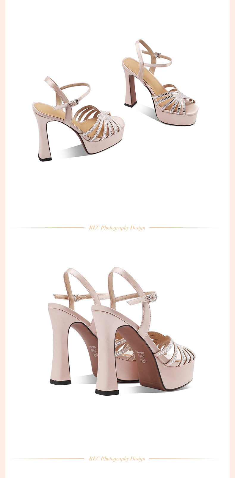 Sandal cao gót nữ hở mũi đính đá, gót vuông platform, da thật — Champagne màu chi tiết 16