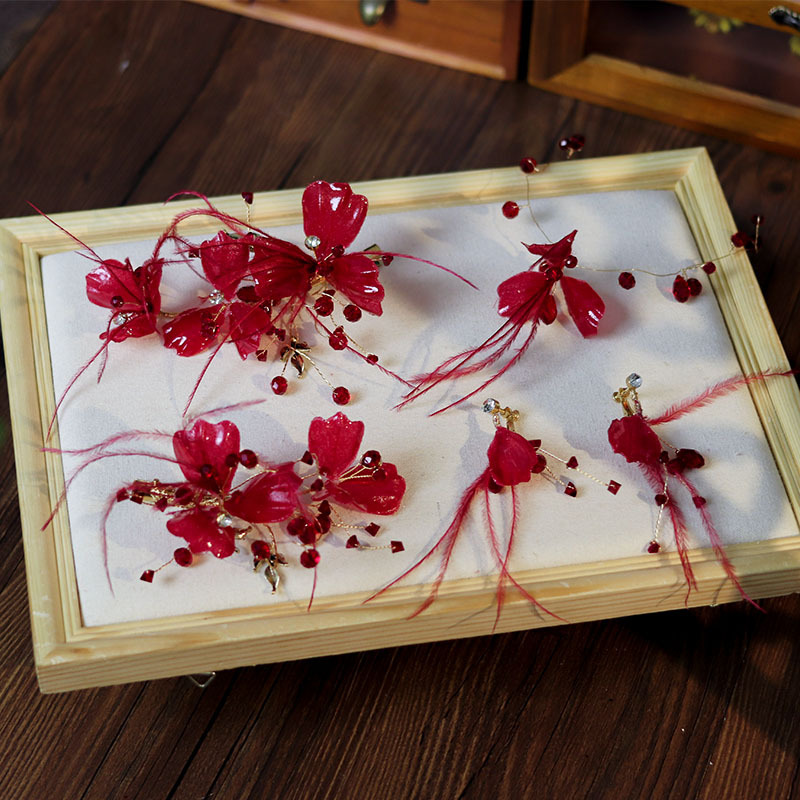 Bridal toast clothing headdress red beaded feather clip earrings necklace suit vintage wine wedding gift hairpin