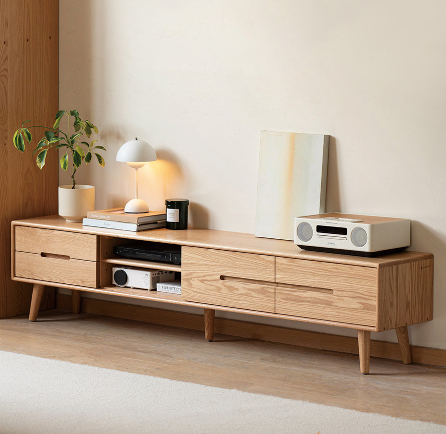 定制实木电视柜现代简约橡木储物柜电视墙小户型客厅原木地柜跨境