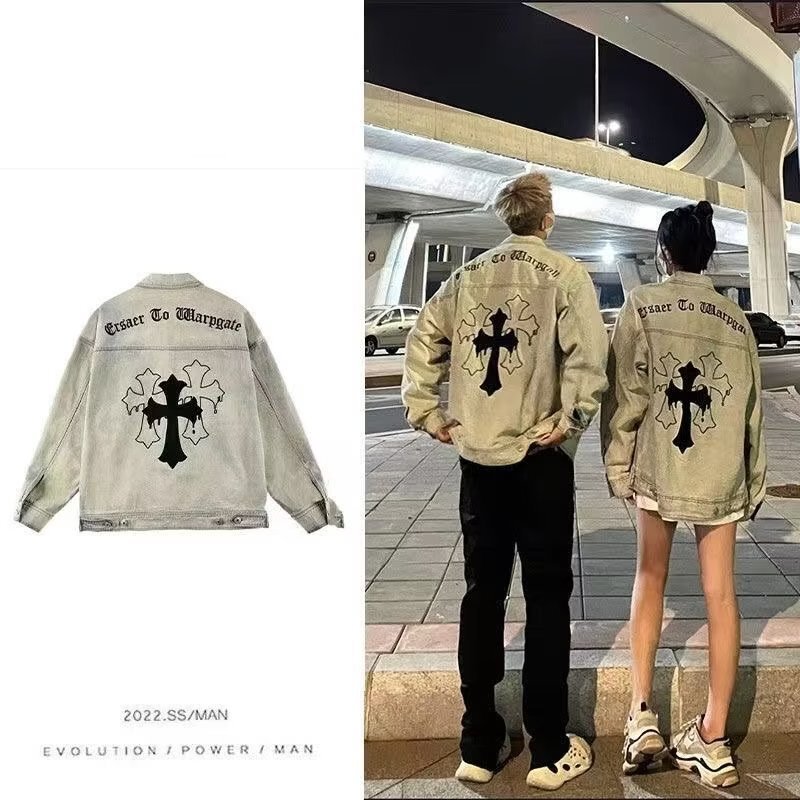 American-style High Street Vibe Cross Retro Laps Denim Jacket Men's European and American Jacket Couple's Casual Tooling Fashion Brand