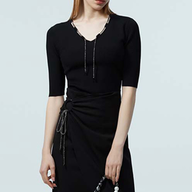 French Style Slim-Fitting and Sexy Black V-Neck Drawstring Knitwear Short-Sleeved Women's Clothing 2022 Early Spring New Style