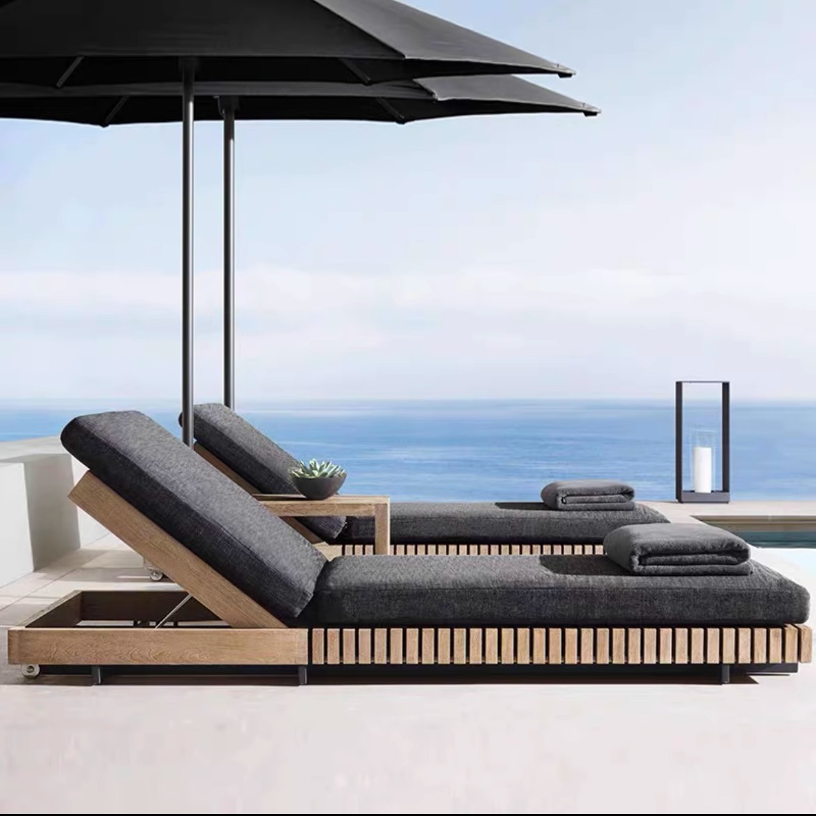 Villa al aire libre sofá de madera maciza impermeable solar diseñador patio jardín sala de sol al aire libre muebles de ocio de teca