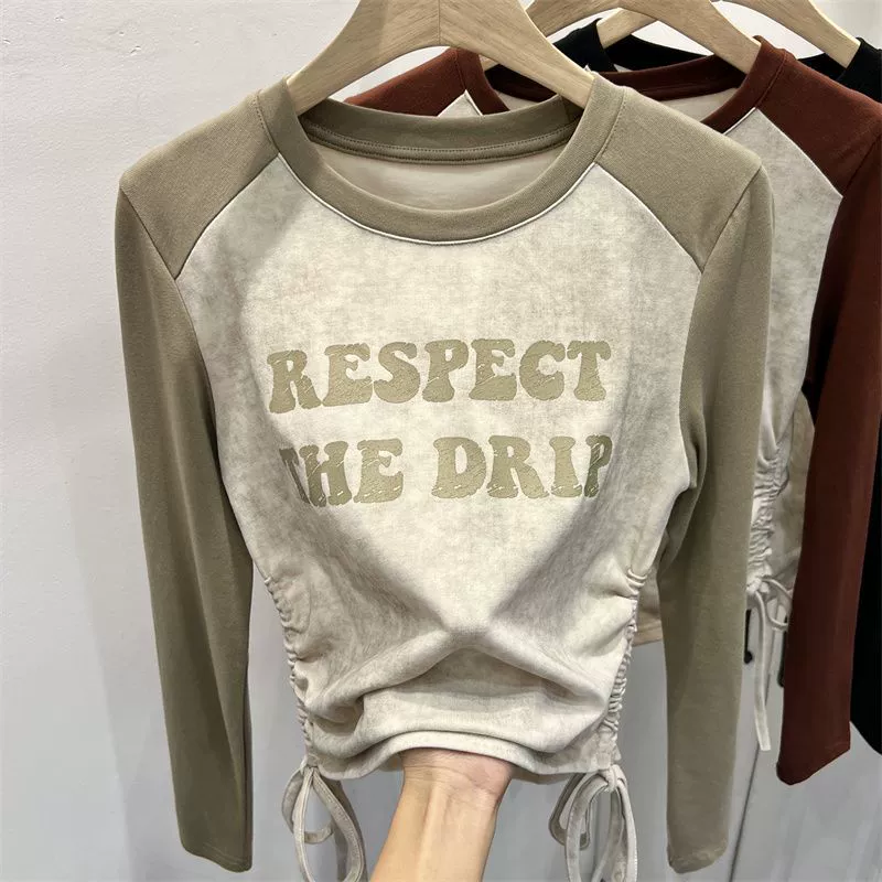 Контрастная женская футболка с круглым вырезом и буквенным принтом на шнурке с длинными рукавами 2023 г. Новый дизайн Sense нишевый топ в западном стиле