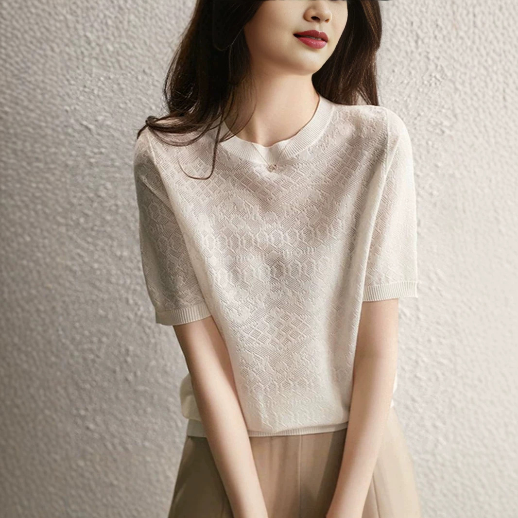 Áo thun nữ tay ngắn ren jacquard Hàn Quốc — đen chi tiết 1