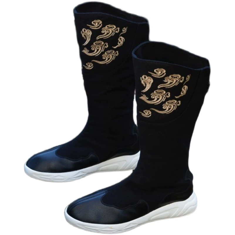 Длинные сапоги Xiangyun с вышивкой в этническом стиле и бархатом Теплые антикварные ботинки Daoyun для боевых искусств с высоким стволом Дышащие парусиновые ботинки Hanfu