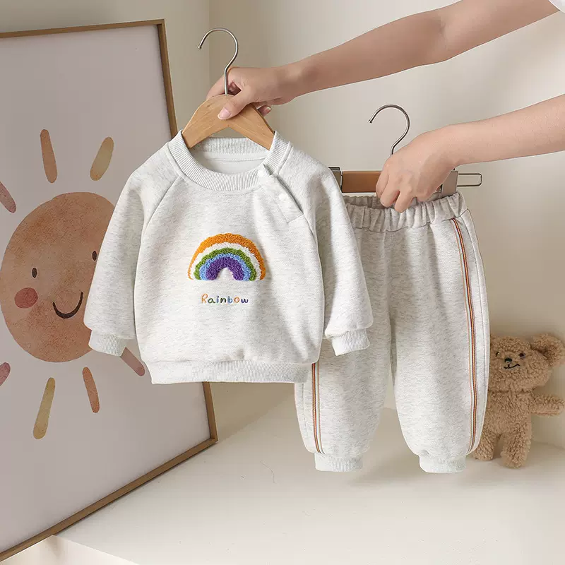 儿童套装男宝秋装a类衣服卫衣卫裤彩虹洋气分体两件套秋季婴幼儿