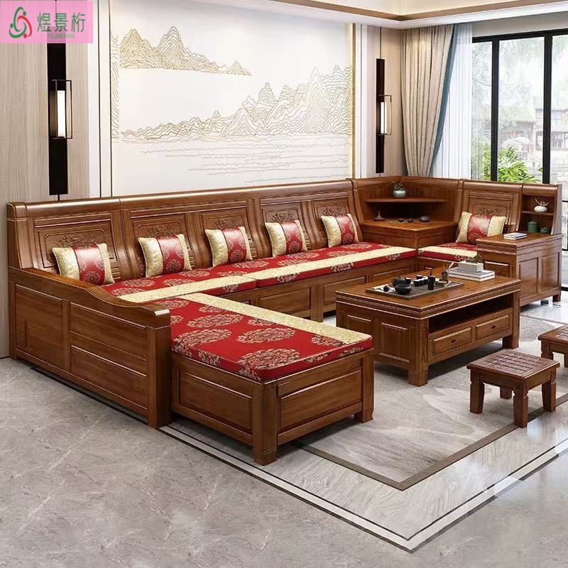 Chinese Camphor Wood Solid Wood Sofa Combination Living Room Carved Storage Sofa Antique Winter and Summer Dual-Use Corner Sofa