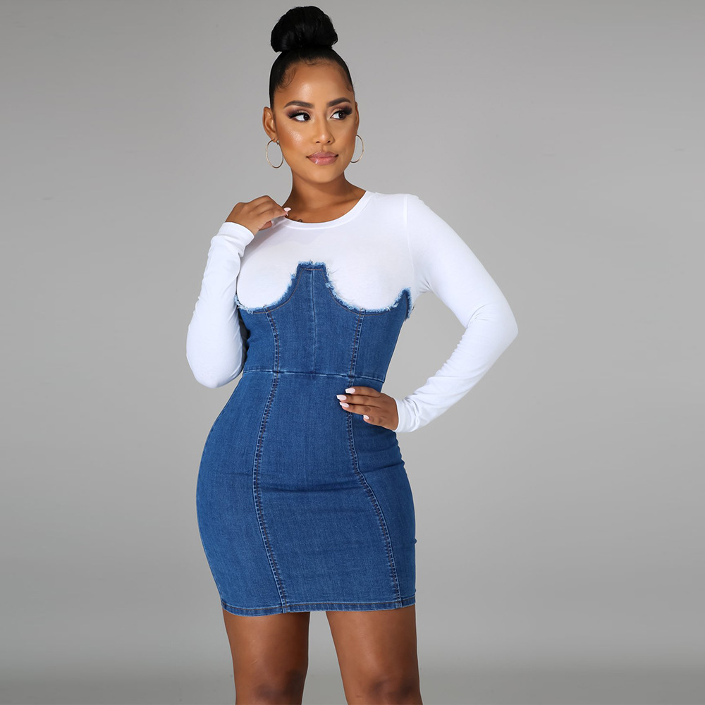 solid color stitching zipper long-sleeved denim dress nihaostyles clothing wholesale NSCYF80338